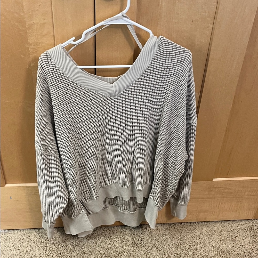 American Eagle Outfitters Off-the-Shoulder Sweater - Cream and Gray